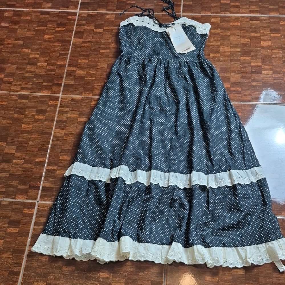 Christy Dawn Navy Polka Dot Sundress with Cream Lace